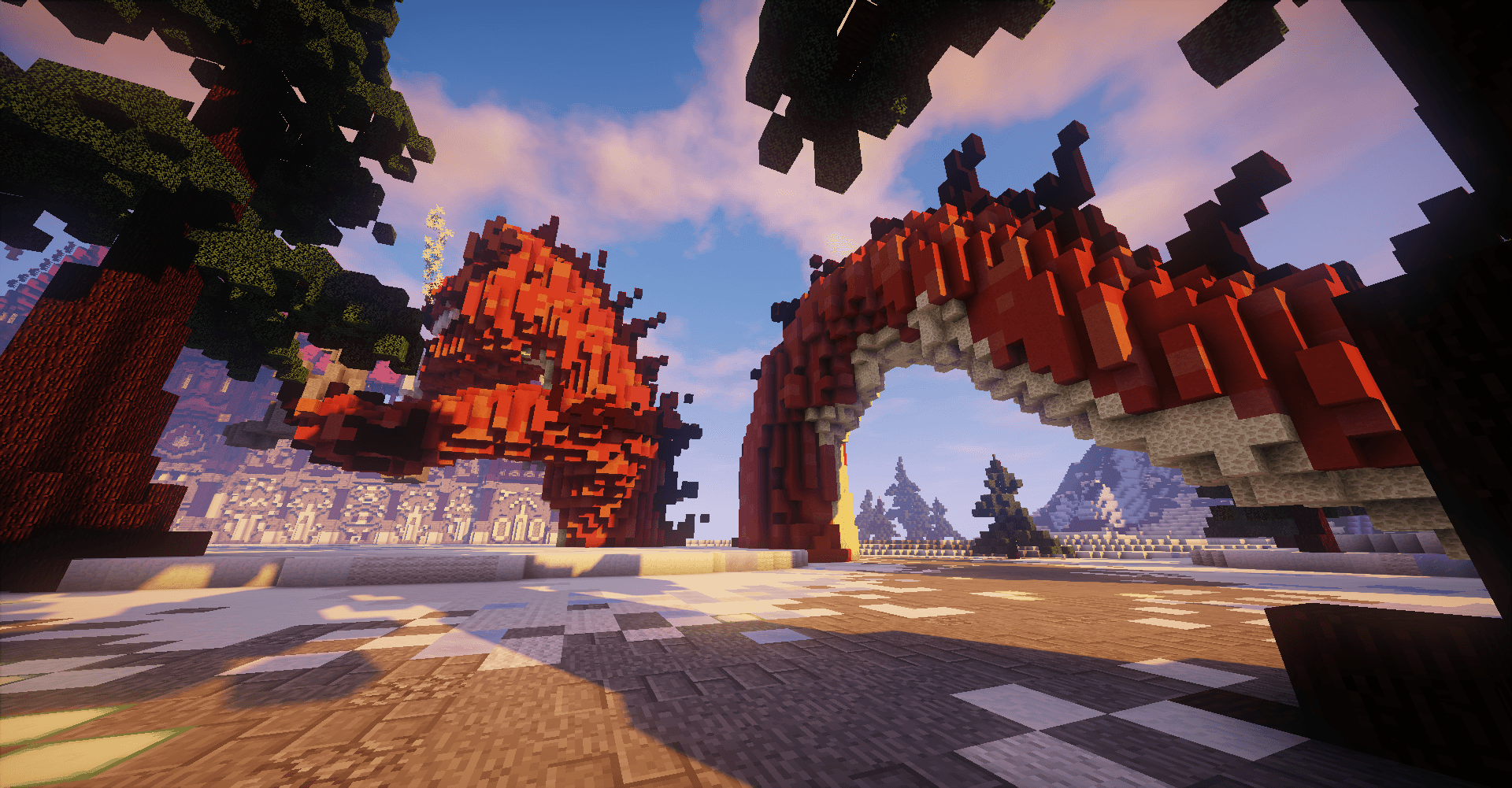 Dragon monumental au-dessus d’une arche du spawn ScandiCraft