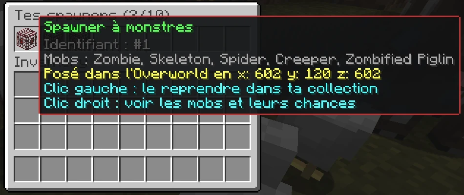 The /scandispawner collection: each spawner shows its type, position and available actions. Mob details show the mobs and their chances.
